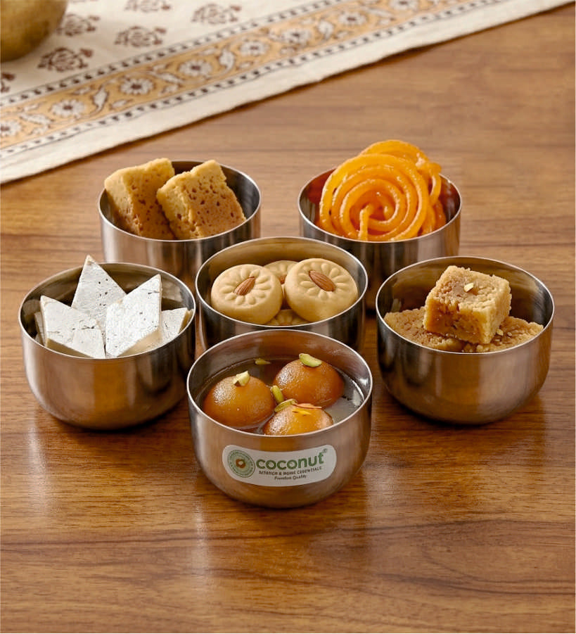 Coconut C35 Sada Vati Set of 6 Stainless Steel Bowls | Available in 100ml, 130ml & 200ml Sizes | Mirror Finish Katori Set for Snacks, Desserts, Curd, Curry & Daily Use | Rust Proof Steel Bowls.