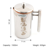 Coconut Stainless Steel & Copper Laser Art Jug 1500ml | Copper Water Jug with Stainless Steel Exterior | Laser Printed Water Pitcher with Lid & Handle | Food Grade, BPA Free, Easy Pour, Rust Proof | Water, Juice & Beverage Container.