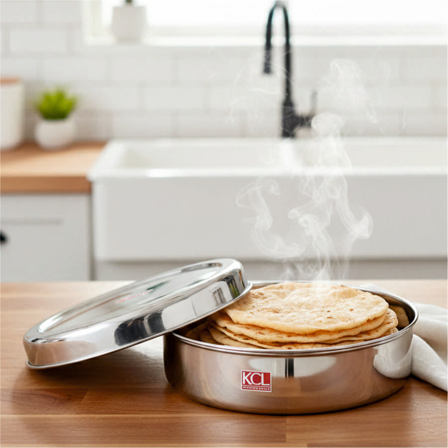 KCL Stainless Steel Chapati Box / Roti Container with Lid | Multipurpose Food Storage Box | Heavy Gauge | Mirror Finish | Keeps Food Fresh.