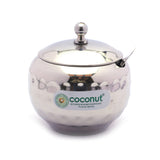 Coconut Stainless Steel - Hammered Design Ghee Pot | Ghee Pot for Storing & Serving Oil, Pickle, Ghee | Oil dispenser | Ghee pot with spoon | Ghee Dhani | Matka Shape Gheet Pot | Pickle Container, Mirror Finish, Model - GP 11