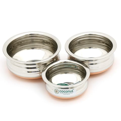 Coconut Stainless Steel & Copper Bottom Marvel Mini Handi - Set of 3 Without Handle & Lid 3 Piece Set | Serving Handi | Copper Bottom Handi | Model - Marvel 3pc set