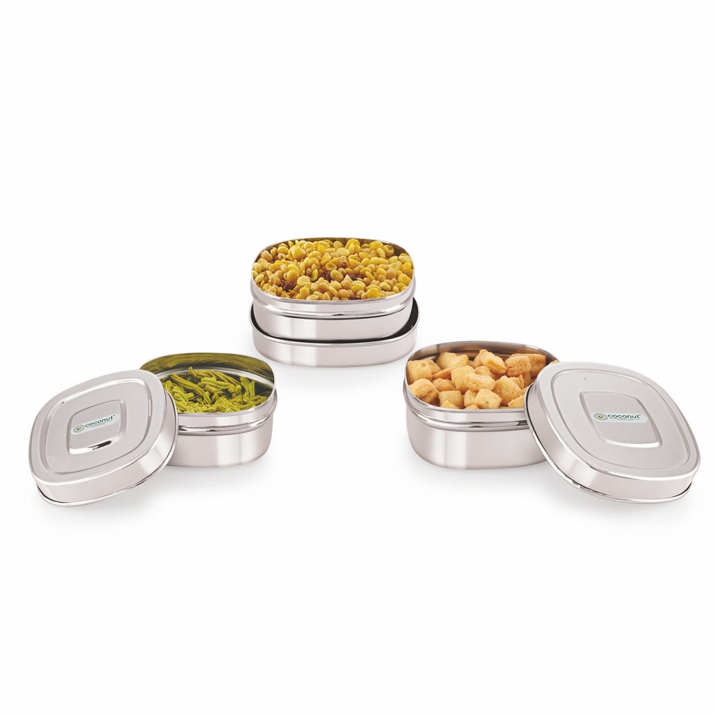 Coconut S126 Tony Stainless Steel Lunch Box Set (3 Pieces – 150ml, 250ml & 350ml) | Square Compact Tiffin Boxes with Lid | Food Grade, Leak-Resistant & Durable Storage Containers.