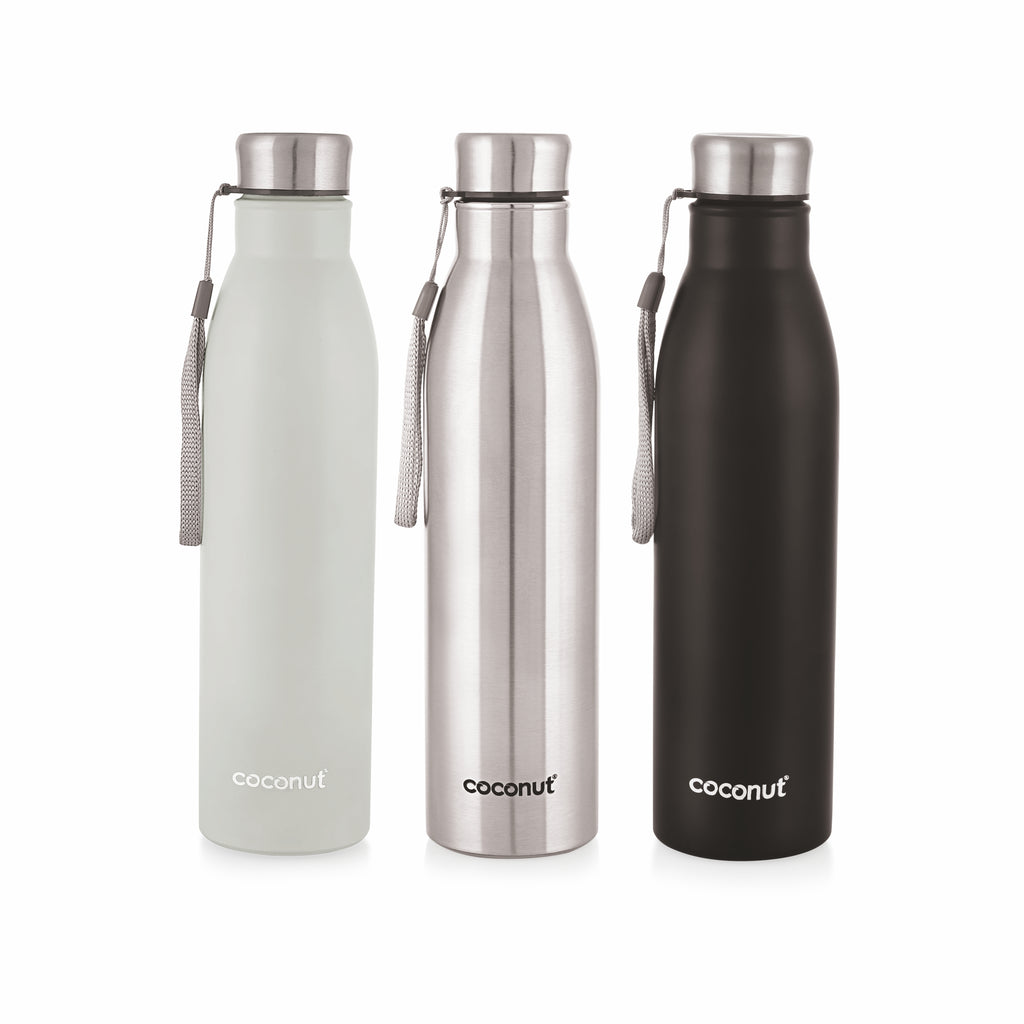 Coconut WB20 Rhine Stainless Steel Water Bottle (Grey/Steel/Black) | Leakproof, BPA-Free, Rust-Proof Metal Bottle with Strap | Durable & Stylish for Office, Gym & Travel.