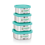 Coconut S108 Stainless Steel Chutney Container Set (Set of 4 – 50ml, 80ml, 120ml & 160ml) | Leakproof Square Mini Storage Boxes with Lid | Food Grade, Rust-Proof Snack & Masala Containers.