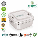 Coconut Stainless Steel Square Lunch Box with Partition Plate & Lock Clips | Food Grade Steel Tiffin Box | Leak-Resistant, BPA-Free & Rust-Proof | Mirror Finish Lunch Box for Office, School & Travel.