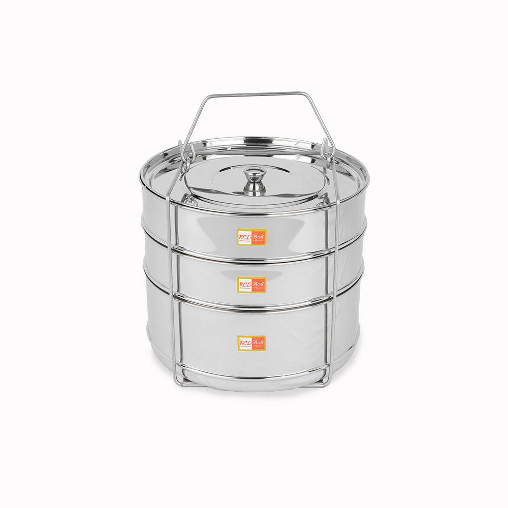 KCL Stainless Steel 3-Tier Cooker Separator Set for 10 Liter Outer Lid Pressure Cookers | Stackable Steaming Containers (Top 2 Containers Each 1400ml & Bottom 1 Container 2400ml) with Lifter Stand | Mirror Finish Multi-Dish Steamer.
