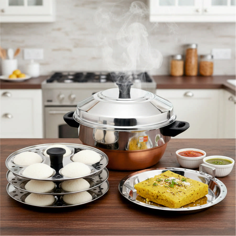 KCL Stainless Steel Idli Cooker with Copper Bottom | 3 Plates (15 Idlis) & Steaming Plate | Gas Stove Compatible Idly Maker | Heavy Gauge | For Soft Idlis, Dhokla & Steaming.