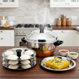 KCL Stainless Steel Idli Cooker with Copper Bottom | 3 Plates (15 Idlis) & Steaming Plate | Gas Stove Compatible Idly Maker | Heavy Gauge | For Soft Idlis, Dhokla & Steaming.