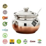 KCL Stainless Steel Ghee Pot with Copper Bottom – Set of 2 with Lids & Spoon | Heavy Gauge | Traditional Design | Ideal for Ghee, Oil & Condiments.