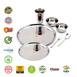 KCL Stainless Steel Dinner Set (7 Pieces) | Dinner Plate 1pc, Quarter Plate 1pc, 2pc Bowls, 1pc Glass, 1pc Spoon & 1pc Fork | Mirror Finish | Heavy Gauge Food-Grade Steel | Ideal for Home, Hostel & Gifting.
