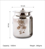Coconut Stainless Steel Laser Design Ghee Pot with Lid (GP-06) | Heavy Gauge Mirror Finish Ghee Dhani, Oil Dispenser, Ghee Storage Container, Pickle Jar & Multipurpose Bharani for Kitchen Use | 1 Piece.
