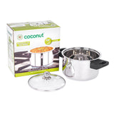 Coconut Stainless Steel - EZY Milk Boiler with Glass Lid, Whistle Indication, Heat Resistant Bakelite Handle, & Knob, Gas & Induction Compactible