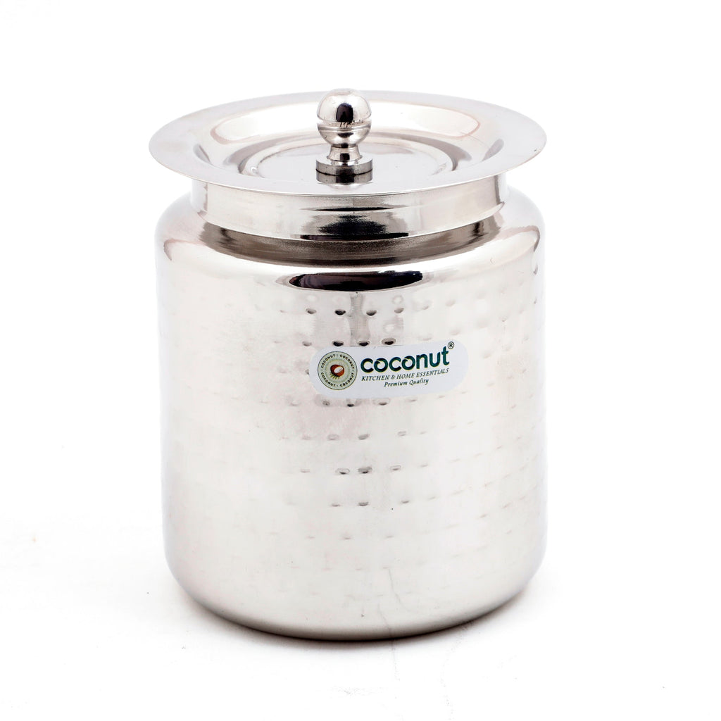Coconut Stainless Steel Hammered Design Ghee Pot with Lid (GP-07) | Heavy Gauge Mirror Finish Ghee Dhani, Oil Dispenser, Ghee Storage Container, Pickle Jar & Multipurpose Bharani for Kitchen & Dining Use | 1 Piece.