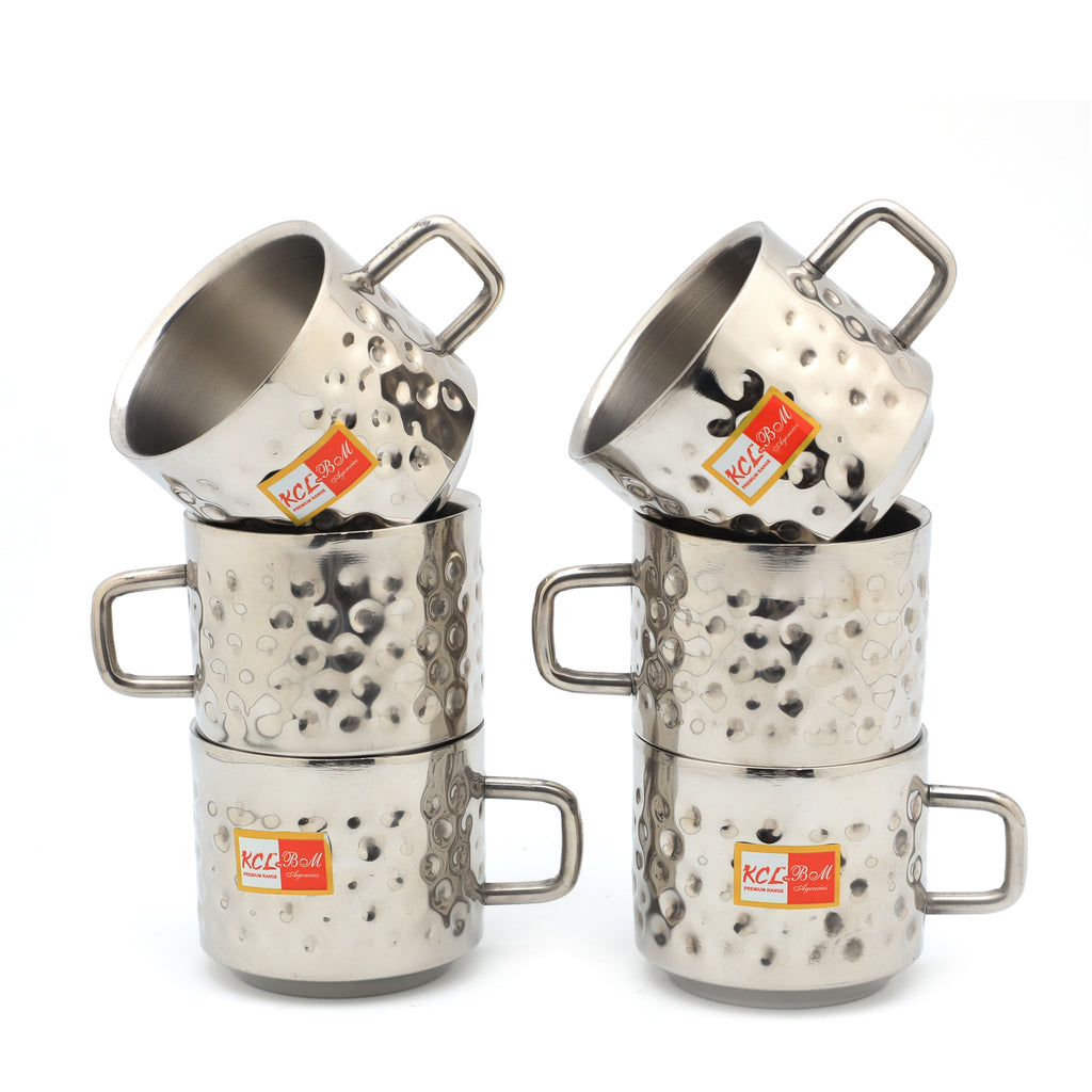 KCL Stainless Steel Double Wall Hammered Tea & Coffee Mug Set – 100ml Each (Set of 6) | Insulated Mirror Finish Small Cups | Heat Resistant | Ideal for Home & Office.
