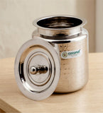 Coconut Stainless Steel Hammered Design Ghee Pot with Lid (GP-07) | Heavy Gauge Mirror Finish Ghee Dhani, Oil Dispenser, Ghee Storage Container, Pickle Jar & Multipurpose Bharani for Kitchen & Dining Use | 1 Piece.