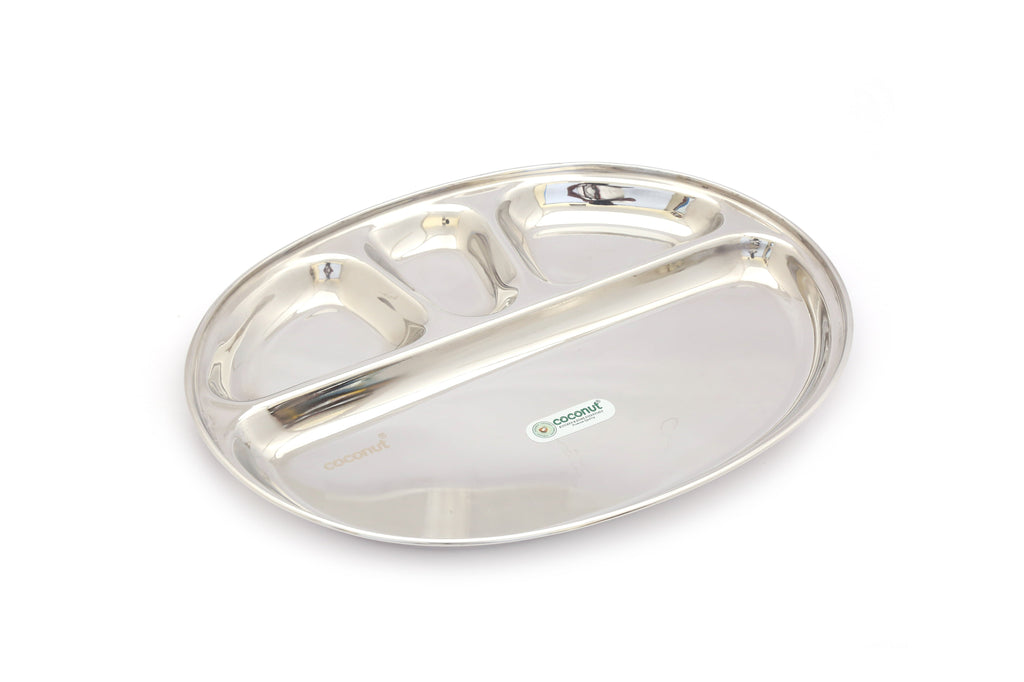 Coconut Stainless Steel - Oval Shape Partition Plate | Ideal for Full Meal, Pavbhaji, Anna - sambar | Compartment Plate | Thali | Divider Plate | Food grade | Model - P35 Oval Compartment Plate