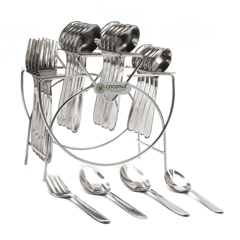 Coconut Stainless Steel Cutlery Set of 24, Contains Baby Spoons Set of 12, Tea Spoon Set of 6, 6 Baby Fork, 1 Stylish Stand, Elegant Cutlery Set for Dining Table - 1Unit