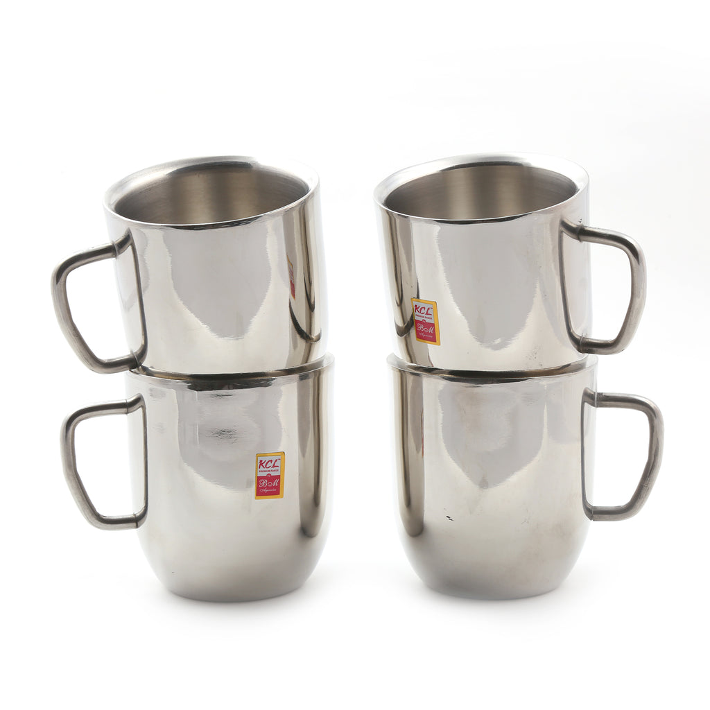 KCL Stainless Steel Double Wall Cute Mug Set of 4 (250ml Each) | Mirror Finish Insulated Tea & Coffee Cups with Easy-Grip Handle | Shatterproof & BPA-Free Drinkware.