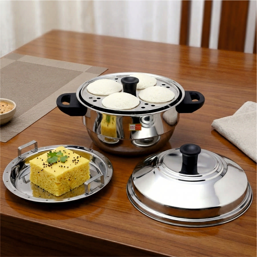 KCL Stainless Steel Plain Idli Cooker | 3 Plates (12 Idlis) + Steaming Plate | Gas Stove Compatible Idly Maker | Heavy Gauge | For Dhokla & Steaming.