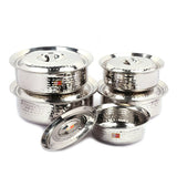 KCL Stainless Steel Mirror Finish Hammered Arabian Chetty Set with Lids – 5-Piece Heavy Duty Cooking & Serving Handi Set | Induction & Gas Compatible | Capacities: 1.5L, 2L, 2.5L, 3L, 4L.