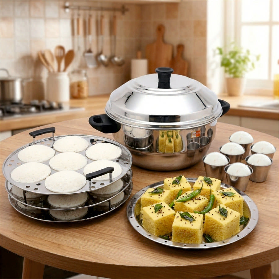 KCL Stainless Steel Idli Cooker with Plain Bottom | 21 Idlis Maker with 3 Plates, 6 Dhokla Moulds & Steaming Plate | Gas Stove Compatible | Heavy Gauge.