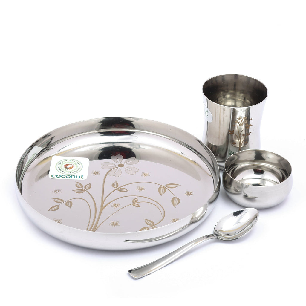 Coconut Stainless Steel Kids Laser Dinner Set - 4pc Set, Laser Finish, Solid, Heavy Gauge, Plate, Bowl, Glass, Spoon Set / Serve One Person / Lunch Set / Dinner Set / Laser Dinner Set, Model - Kids Dinner Set
