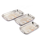 KCL Stainless Steel Laser Lemon Rectangle Serving Tray Set of 3 | Elegant Tree Laser Design Platters | Durable Food Grade Steel Plates for Snacks & Drinks | Sizes: 26cm, 30cm, 34cm.