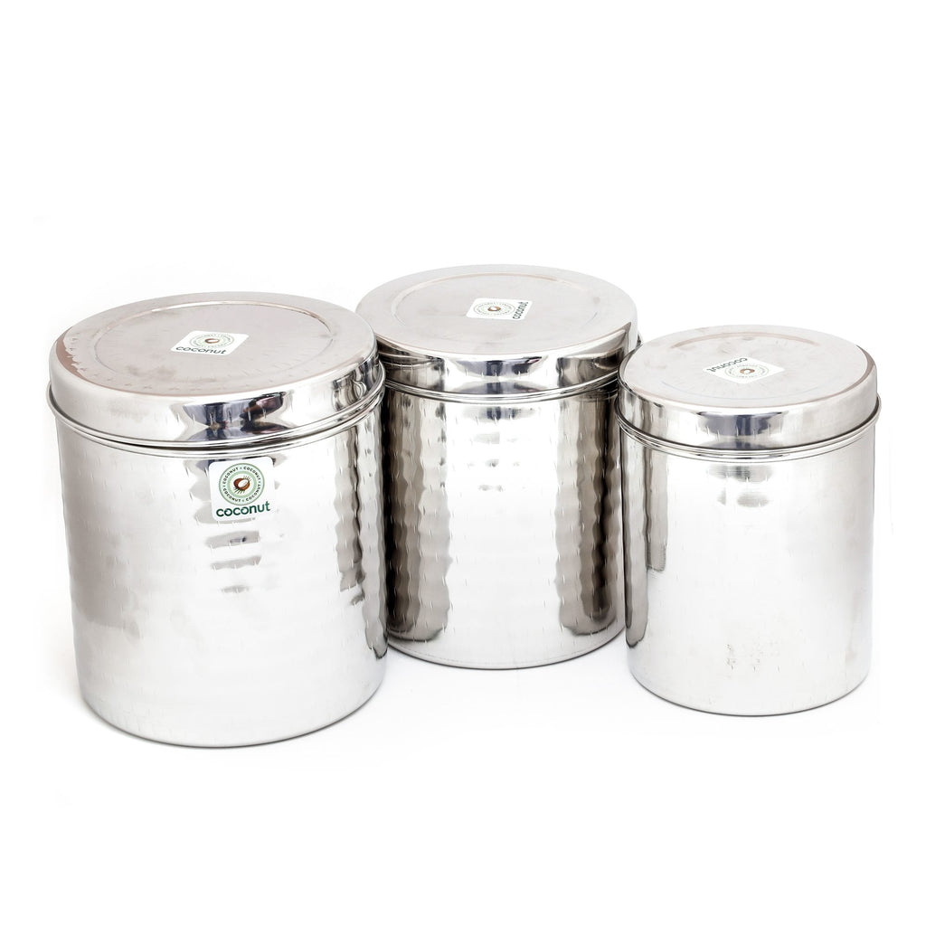 Coconut Stainless Steel Mathar (Hammered) Ubba Dabba/Container/Storage/Utility Box - Pack of 3 (2000 ML /2500 ML & 3000 ML - Each 1 Piece)