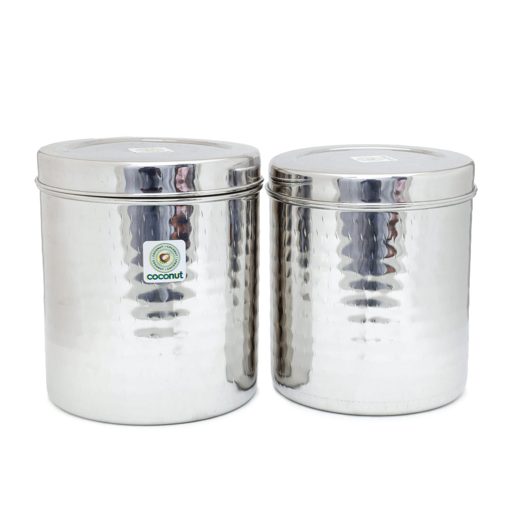 Coconut Stainless Steel Mathar (Hammered) Ubba Dabba/Container/Storage/Utility Box - Pack of 2 (3000 ML & 3500 ML - Each 1 Piece)