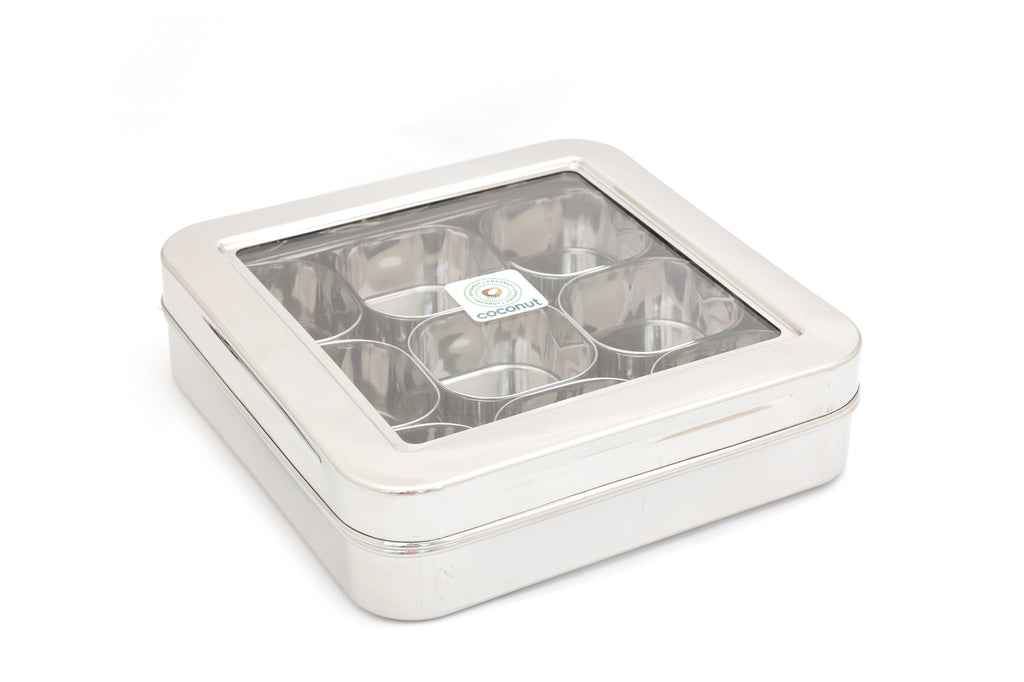 Coconut Stainless Steel Masala Box / Dry fruit box -Square Cubic See thru Lid, Spice box / Condiment box / 9 partition Masala dabba, Model - MB4 Sqaure Masala Box (Glass lid)