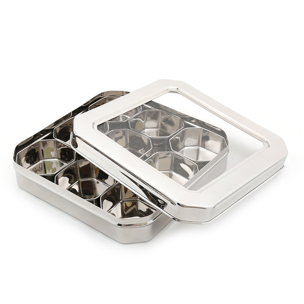 Coconut Stainless Steel Square Masala Box/Spice Container/C Thru Masala Box with 9 Bowls - Diamater - 24.5 CM , Capacity - 150 ML Each Containers