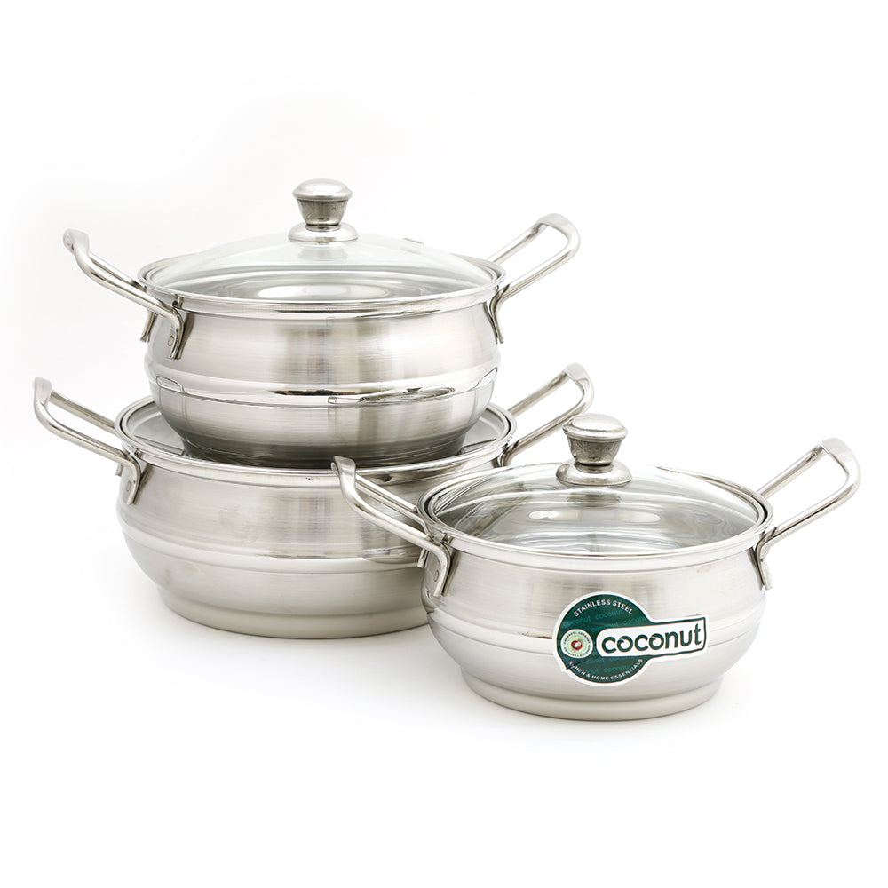 Coconut Stainless Steel Omega Dish Handi - Glass Lid-3 Piece Set - 750 L, 1500 L, 2000 L (Diameter - 15Cm,17.5Cm & 19.5Cm)
