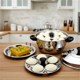 KCL Stainless Steel Idli Cooker with Plain Bottom | 3 Plates (15 Idlis) & Steaming Plate | Gas Stove Compatible Idly Maker | Heavy Gauge | For Soft Idlis, Dhokla & Steaming.