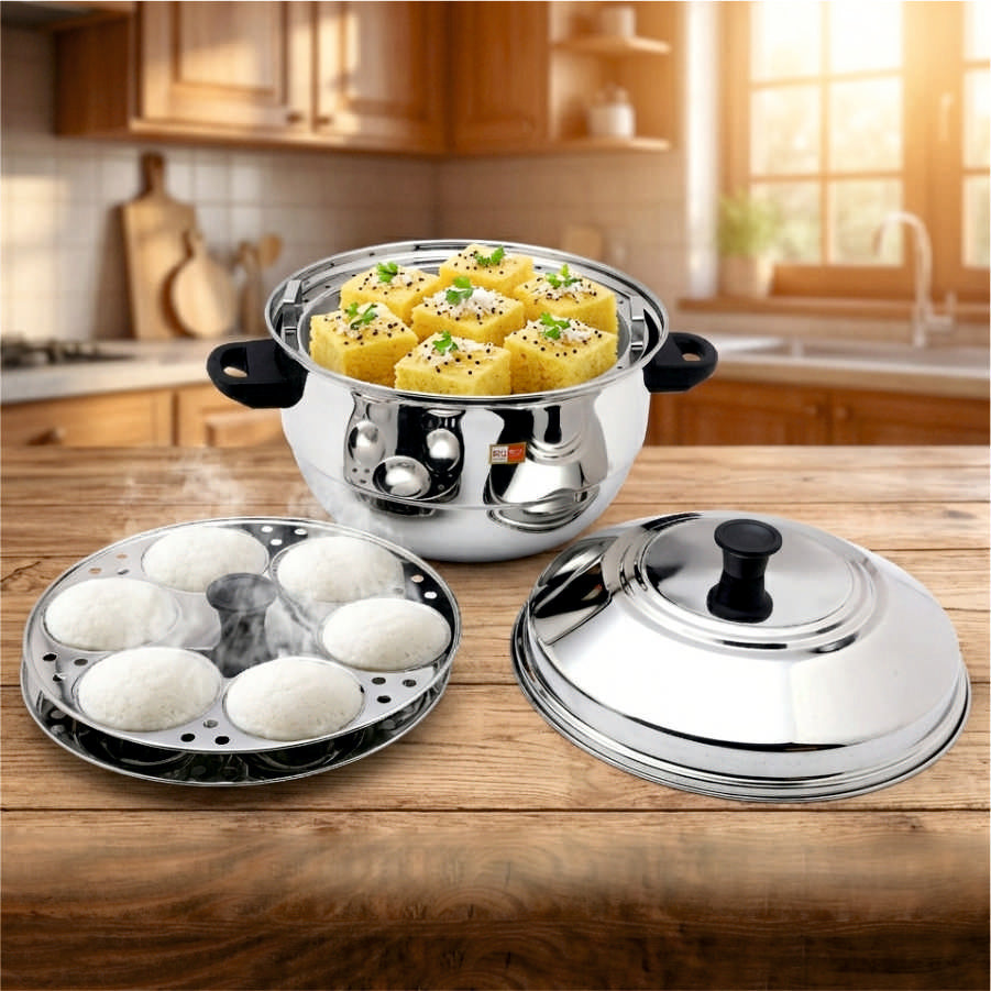 KCL Stainless Steel Idli Cooker with Plain Bottom | 24 Idlis Maker with 4 Plates & Steaming Plate | Gas Stove Compatible | Heavy Gauge.