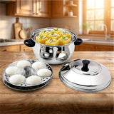 KCL Stainless Steel Idli Cooker with Plain Bottom | 24 Idlis Maker with 4 Plates & Steaming Plate | Gas Stove Compatible | Heavy Gauge.