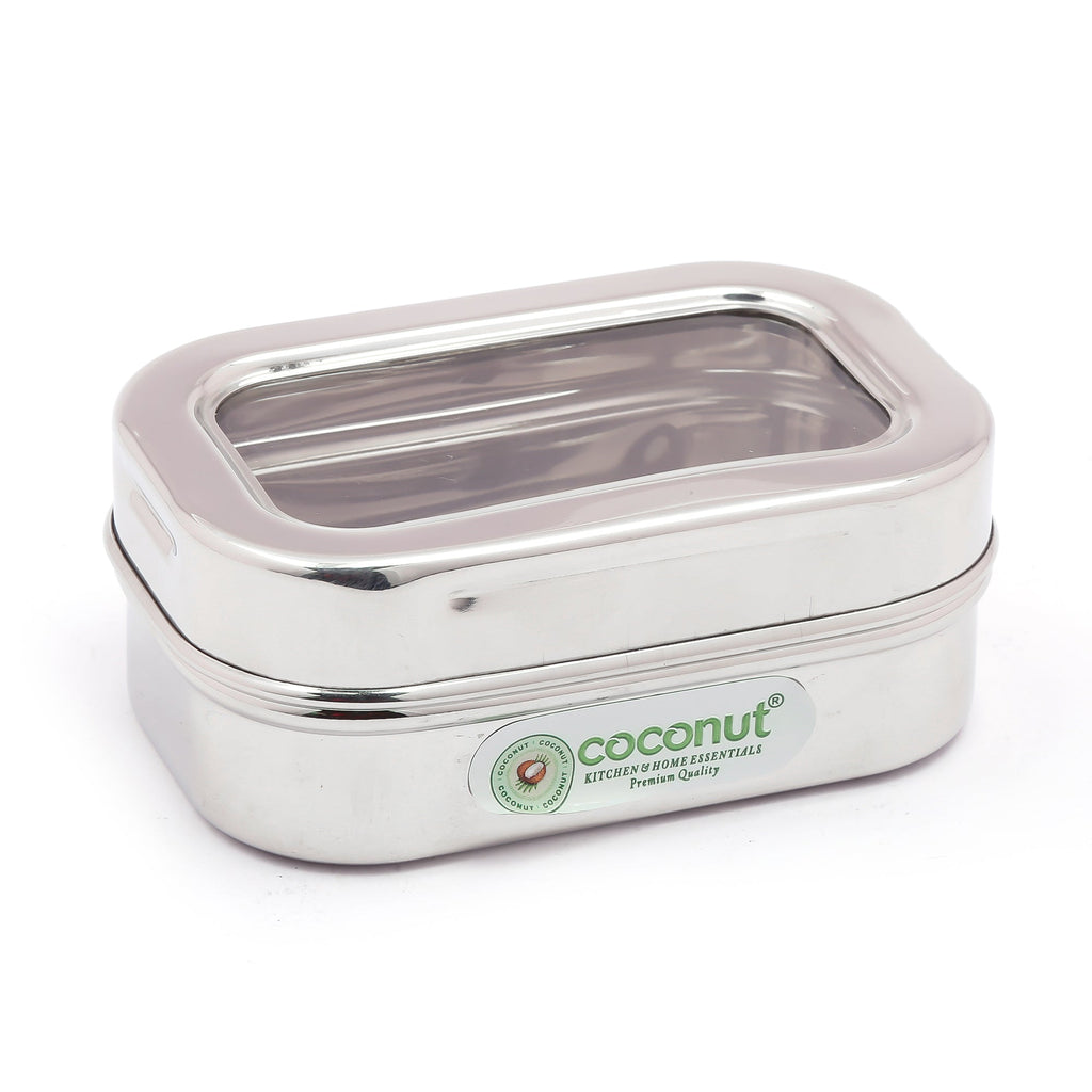 Coconut Stainless Steel Tango C-thru - Rectangle Dabbi, Mirror Finish, Strong, Sturdy, Dibba / Container / Canister / Lunch Box / Storage Dabba for Fridge, Storage Kitchen Organizer, Model - S30 Tango C-thru