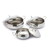 Coconut Stainless Steel Hammered Handi with SS Lid For Cook n Serve - Set of 3 - 1000ML, 700ML, 500ML