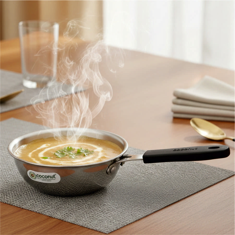 Coconut Stainless Steel Nano Wok Deep Frypan 500 ml with Handle | Mini Deep Fry Pan | Heavy Gauge Food Grade Steel | Rust Proof | Mirror Finish | Easy to Clean | For Tadka, Deep Frying, Roasting & Small Cooking.