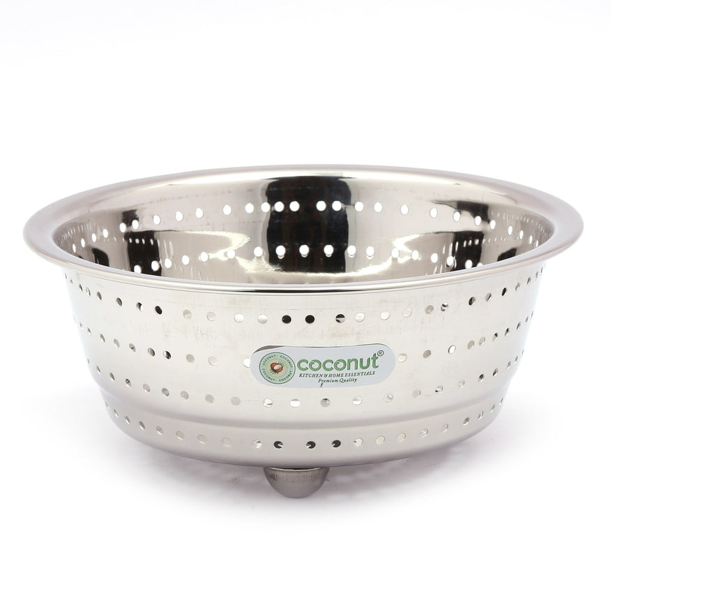 Coconut Stainless Steel Vegetable Colander Strainer | Food Grade Multipurpose Washing & Draining Basket | Rust Proof Kitchen Colander for Vegetables, Fruits, Pasta & Noodles | Mirror Finish | Dishwasher Safe.