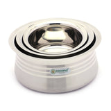 Coconut Stainless Steel Matt Finish Handi For Cook n Serve - Set of 3 - 1500ML, 1000ML, 700ML