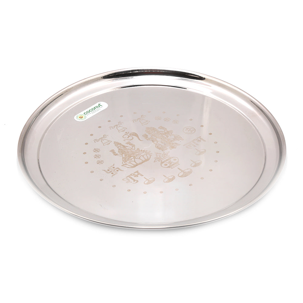 Coconut Laxmi & Ganesh Laser Stainless Steel Designated/Traditional Pooja Plate -1 Unit (Dimension 31 cm)